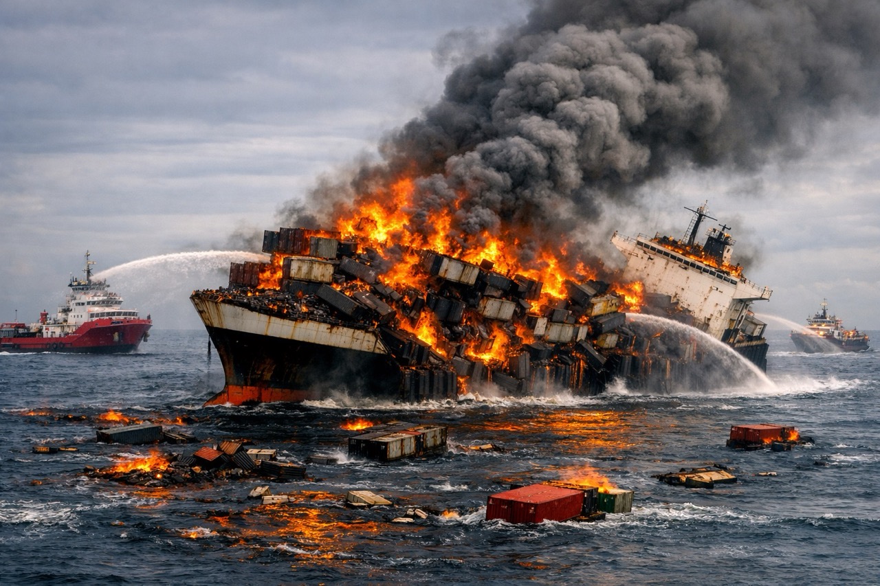 A container ship ablaze and listing at sea, cargo spilling into the water as tugs fight the fire